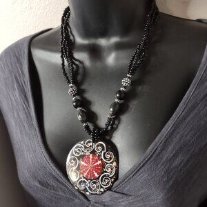 Very Cool Red And Black Vintage Large Pendant Necklace